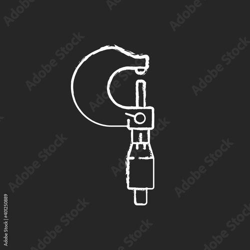 Micrometer chalk white icon on black background. Accurate measurements for engineering purposes. Measuring object length and dept. Mechanical engineering. Isolated vector chalkboard illustration