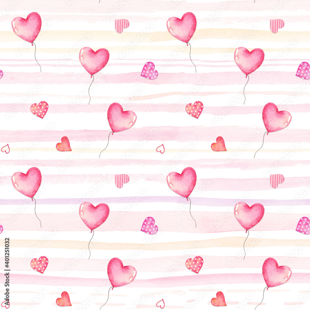 Watercolor seamless pattern with hearts and balloons  for Valentine's Day on striped background.