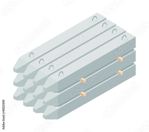 Vector illustration stack of concrete piles isolated on a white background. Cement pile isometric icon. Building materials storage in flat style. Precast ferroconcrete piles for construction. 3D.