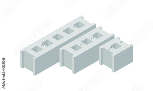 Vector illustration cement blocks isolated on a white background. Concrete foundation block icon in isometric view. Precast concrete block in flat style. Building materials for construction purposes.