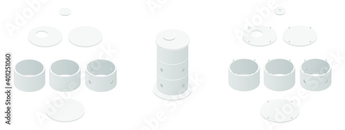 Concrete sewerage and septic tanks well element set, isolated on a white background. Concrete ring isometric icons. Building materials. Vector illustration. 3D flat style.