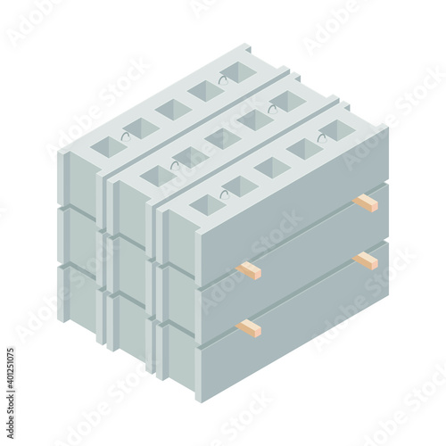 Vector illustration cement blocks isolated on a white background. Concrete foundation block icon in isometric view. Precast concrete block in flat style. Building materials for construction purposes.