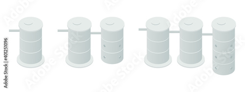 Different types of septic tanks isolated on a white background. Reinforced concrete well schemes. Concrete sewerage isometric icons. Building materials. Vector illustration. 3D. Flat style.