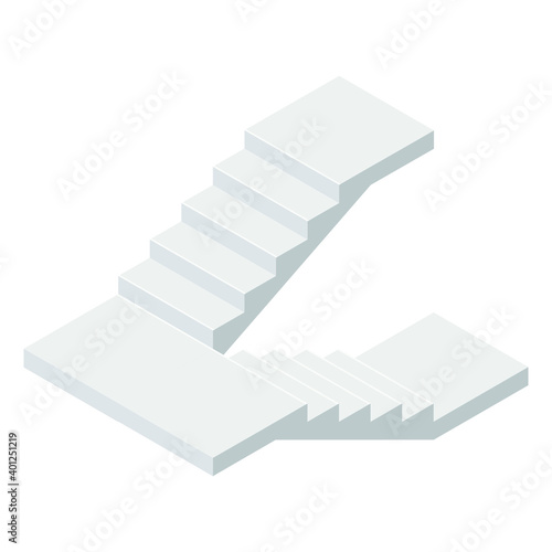 Vector illustration concrete staircase with a turn isolated on a white background. Industrial flight of stairs icon in isometric view. Isometric stair without rails in flat style. Cartoon. 3D.