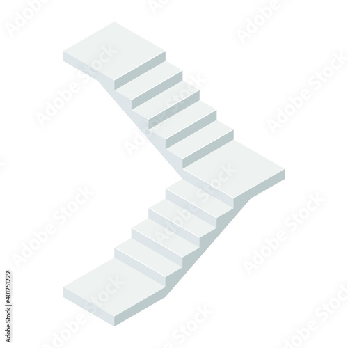 Industrial flight of stairs icon in isometric view. Vector illustration concrete staircase with a turn isolated on a white background. Isometric modern stair without rails in flat style. Cartoon. 3D.