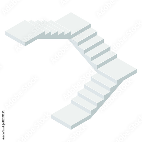 Isometric modern stair without rails in flat style. Industrial flight of stairs icon in isometric view. Vector illustration concrete staircase with a turns isolated on a white background. Cartoon. 3D.