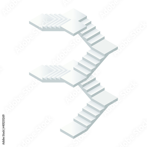 Industrial long flight of stairs icon in isometric view. Isometric modern stair without rails in flat style. Vector illustration concrete staircase with a turns isolated on a white background. 3D.
