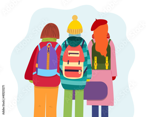 Young people with backpacks dressed in winter clothes, back view. Group of young people goes on a trip. Guy and two girls stand back view. Flat vector illustration. Cartoon design