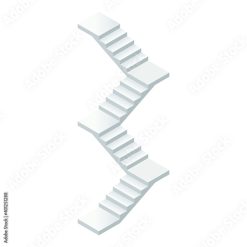 Vector illustration concrete staircase with a turns isolated on a white background. Industrial long flight of stairs icon in isometric view. Isometric modern stair without rails in flat style. 3D.