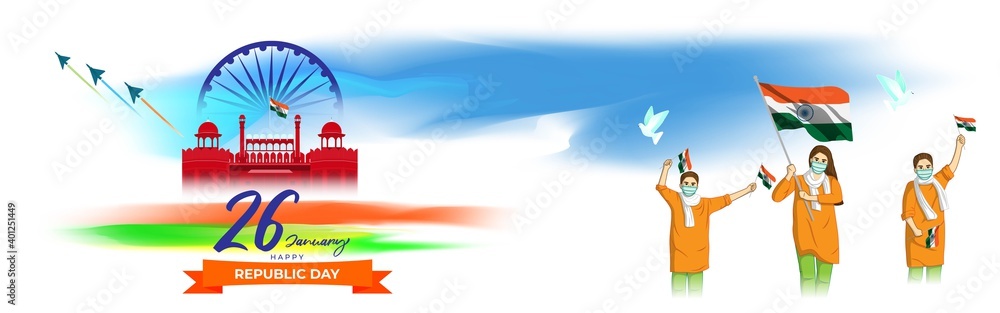 Naklejka premium Vector Indian Patriotic concept banner for Indian republic day-26 January with abstract tricolor background, redfort, people with mask holding India flag, illustration poster.