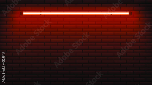 Red neon lamp isolated on dark brick wall. Brown brick wall in neon light. Vector realistic isolated neon glowing lamp for template on dark empty grunge concrete brick background. Vector illustration