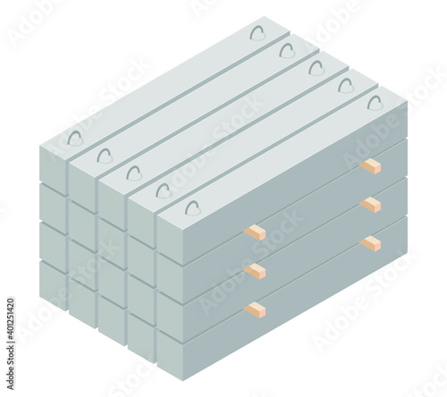 Precast concrete block in flat style. Vector illustration concrete lintels isolated on a white background. Reinforced concrete beam icon in isometric view.  Building material for construction purpose