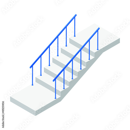 Vector illustration concrete staircase isolated on a white background. Industrial flight of stairs icon in isometric view. Isometric modern stair with blue metal railing in flat style. Cartoon. 3D.