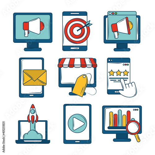 marketing icons set digital target email startup financial business