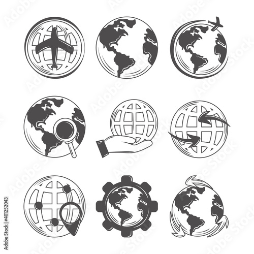 world globe map geography, travel, save the planet and more icons
