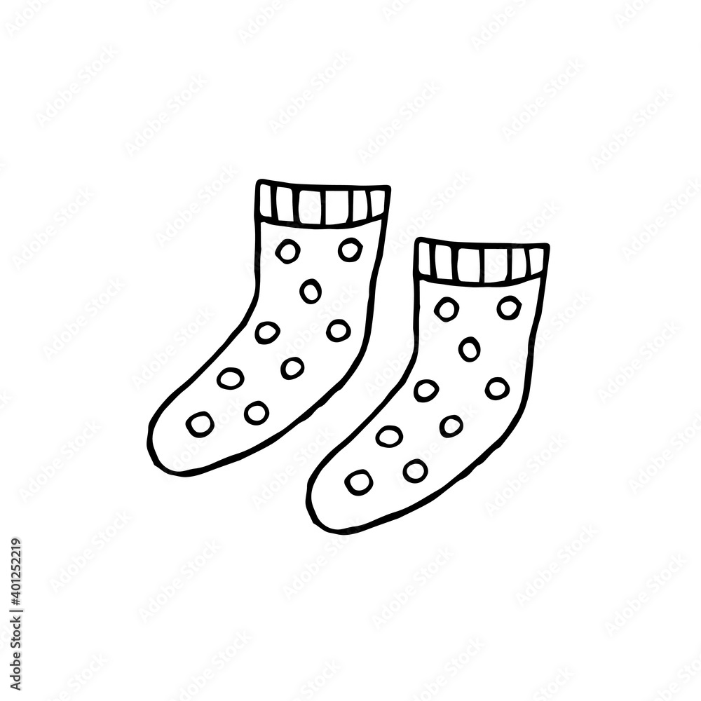 Warm knitted socks. Vector hand drawn doodle illustration. Black and white outline. Coloring. Warm knitted socks. Vector hand drawn doodle illustration. Black and white outline. Coloring.
