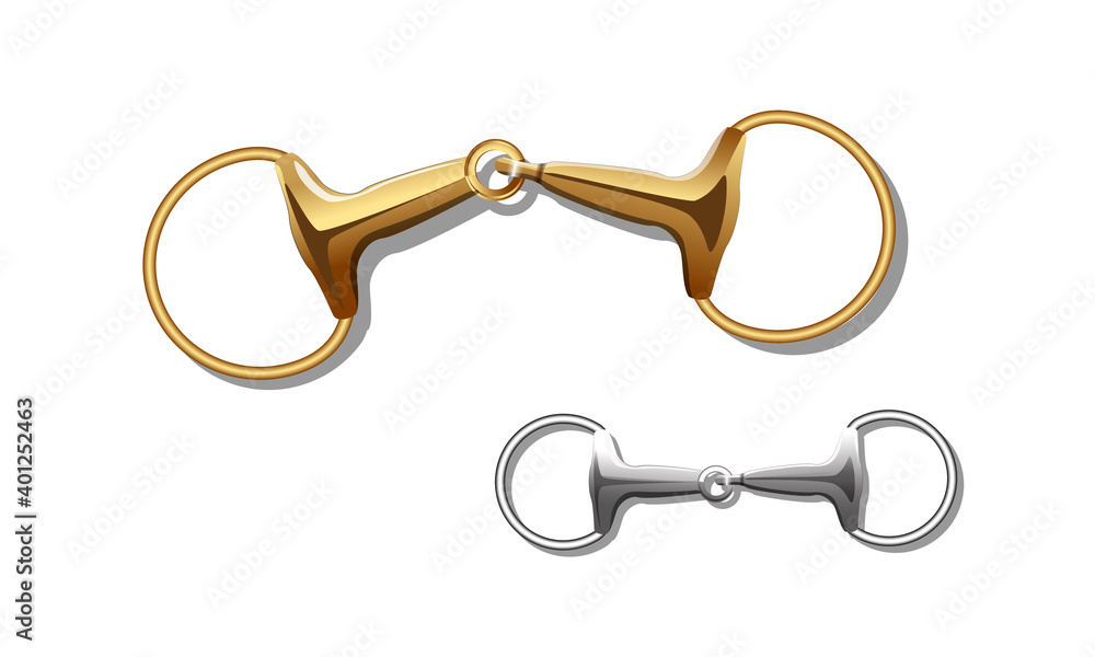 Eggbutt snaffle bit in white and yellow gold metal with a single joint in the cente isolated on white. Vector image Eggbutt snaffle bit in white and yellow gold metal with a single joint in the cente isolated on white. Vector image