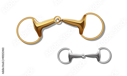 Eggbutt snaffle bit in white and yellow gold metal with a single joint in the cente isolated on white. Vector image