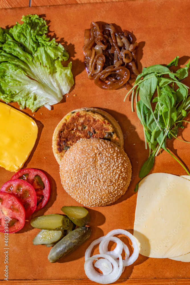 high shot of ingredients for vegan burger high shot of ingredients for vegan burger