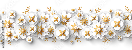 Spring seamless border with white paper cut flowers and golden leaves isolated on bright background. Vector illustration. Cute design for posters, brochures or vouchers, wedding save the date cards.