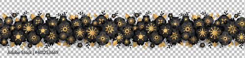 Black seamless border with paper cut flowers and golden leaves isolated on transparent background. Vector illustration. Design for black friday sale posters, brochures or vouchers, funeral wreath