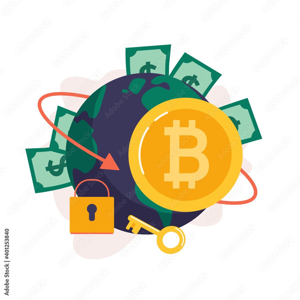 Bitcoin coin on the background of the planet. Blockchain technologies, bitcoins, altcoins, finance, digital money market, cryptocurrency. Vector illustration, concept..flat style Bitcoin coin on the background of the planet. Blockchain technologies, bitcoins, altcoins, finance, digital money market, cryptocurrency. Vector illustration, concept..flat style