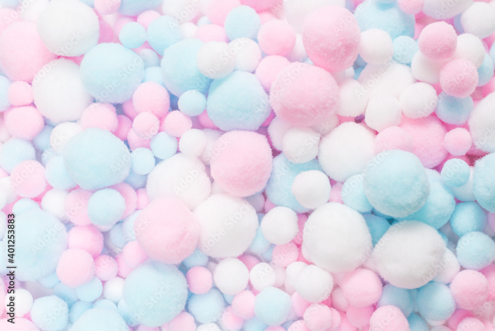 White, pink and blue soft pompons. White, pink and blue soft pompons.