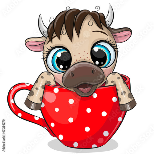 Cartoon Bull is sitting in a red Cup