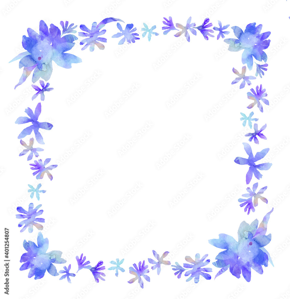 Square wreath of blue flowers painted with watercolor on a white background , processed in the program Adob Photoshop Square wreath of blue flowers painted with watercolor on a white background , processed in the program Adob Photoshop