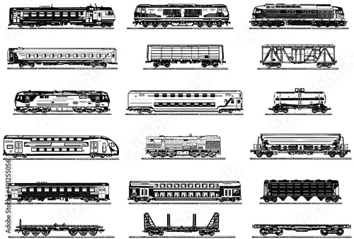 Large collection of high quality vector graphics on the theme of the railway. Trains, Carriages, Wagon, Railway, Transport.
