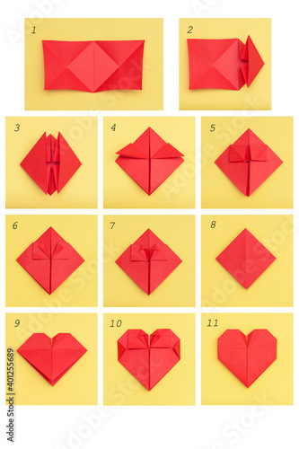 Step by step instruction how to make paper heart. DIY concept.
