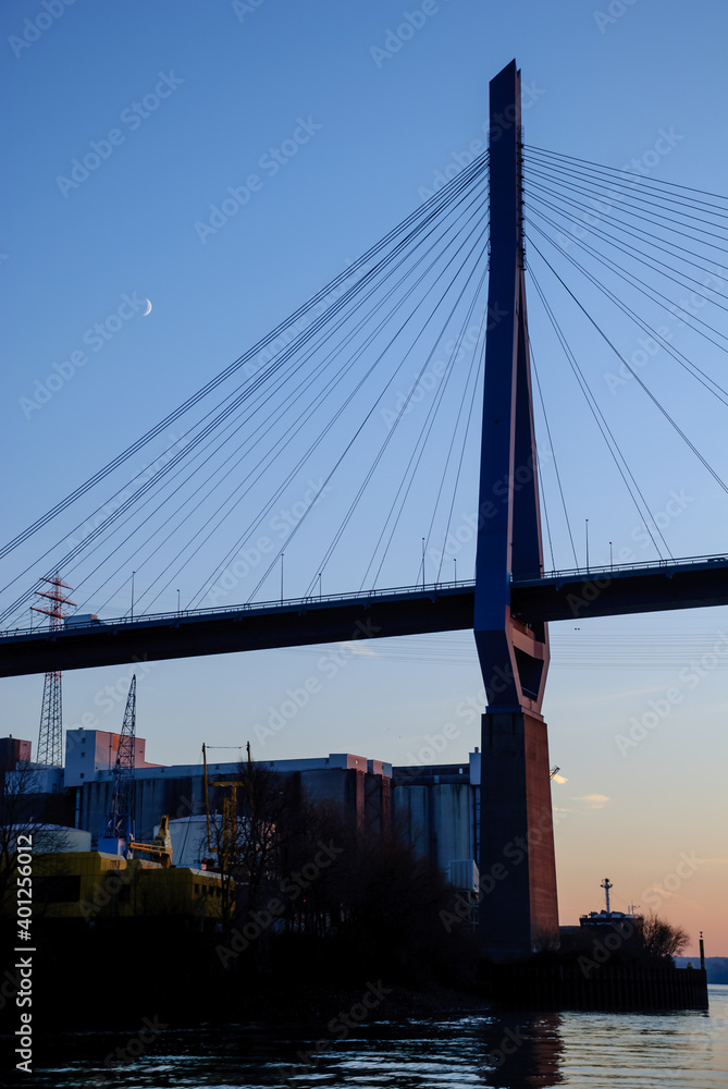Hamburg, Germany: Pylon of the Koehlbrand Bridge in Hamburg in the twilight Hamburg, Germany: Pylon of the Koehlbrand Bridge in Hamburg in the twilight