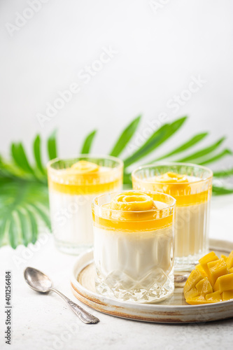 Italian dessert panna cotta with mango in glass on white background