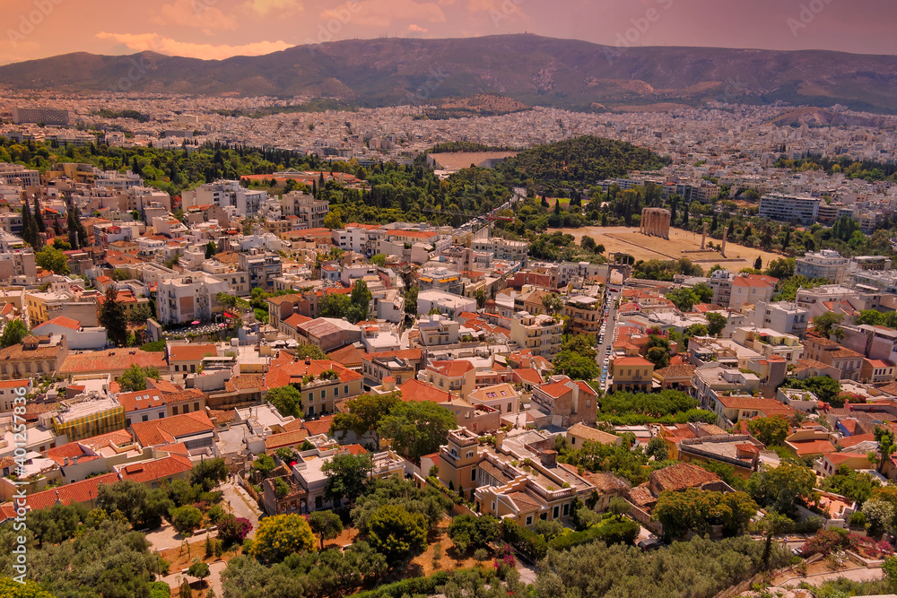 Athens Greece, aerial panoramic view from acropolis with ruins of Olympian Zeus ancient temple in the center