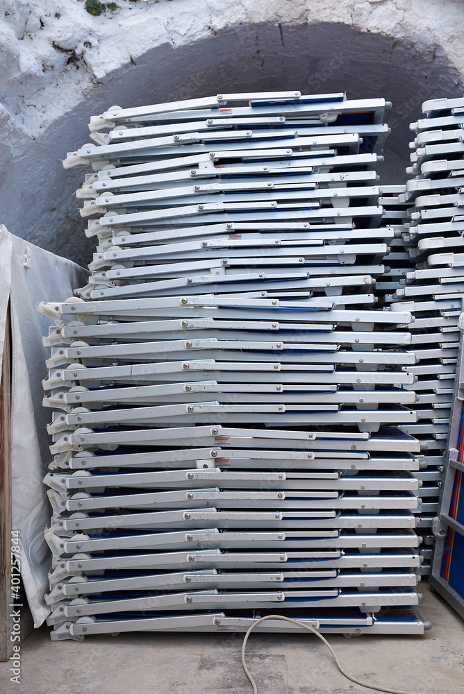 Lido Morelli, Italy - September 03, 2020 : Sunbeds storage Lido Morelli, Italy - September 03, 2020 : Sunbeds storage