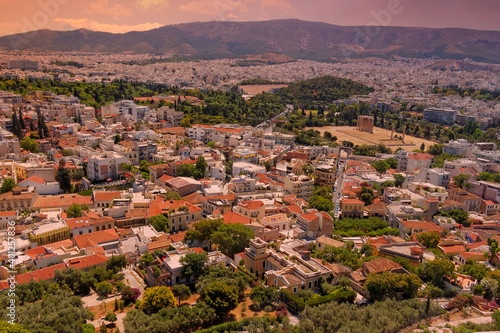 Athens Greece, aerial panoramic view from acropolis with ruins of Olympian Zeus ancient temple in the center © Dimitrios
