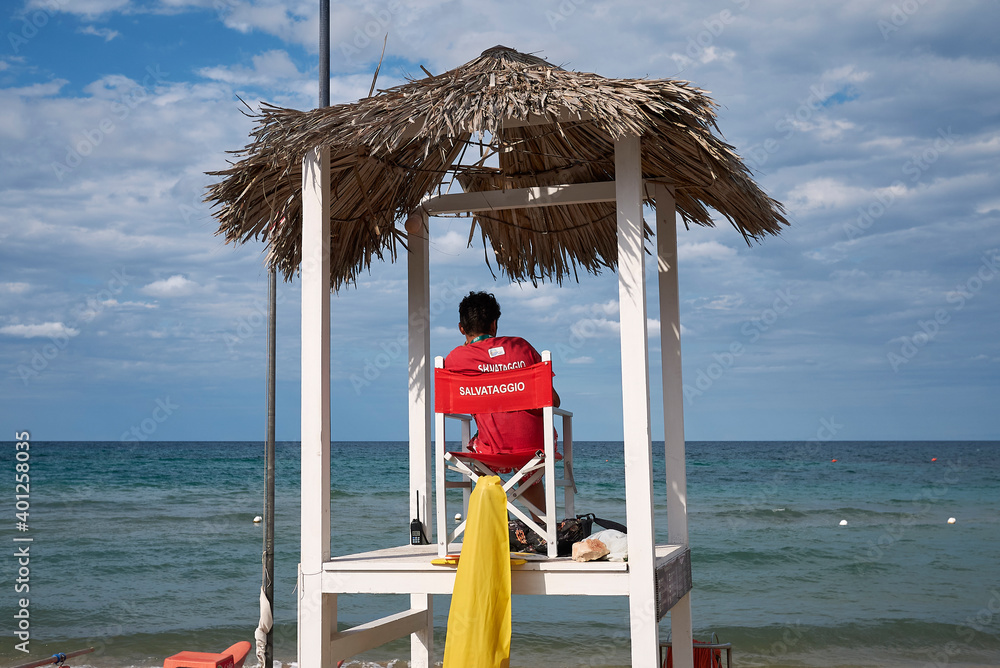 Lido Morelli, Italy - September 03, 2020 : View of the lifeguard at Lido Morelli