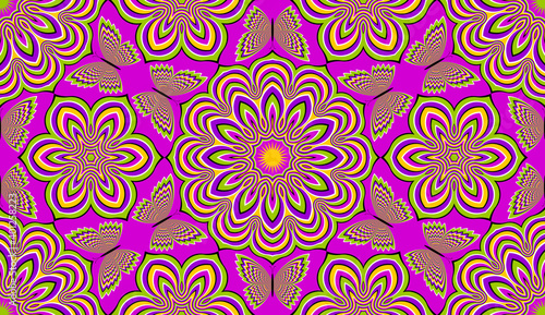 Colorful wrapping paper with flowers and butterflies. Optical illusion of movement. Seamless pattern.
