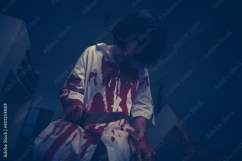 Fototapeta premium Portrait of asian woman make up ghost face,Horror scene,Scary background,Halloween poster