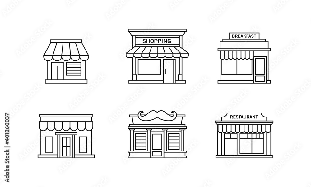 Vector illustration of a small shop front view. Suitable for design elements from economic activities, commerce, buying and selling, and e-commerce businesses. Storefront outlined icon set.