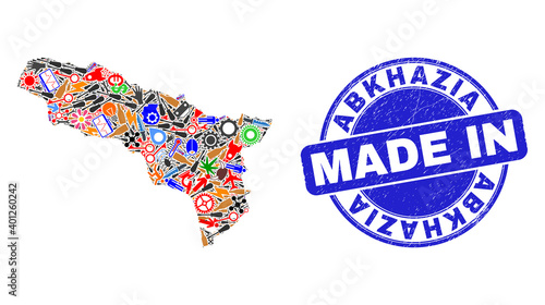 Industrial Abkhazia map mosaic and MADE IN distress watermark. Abkhazia map collage created with wrenches,cogs,instruments,components,cars, electric strikes,details.
