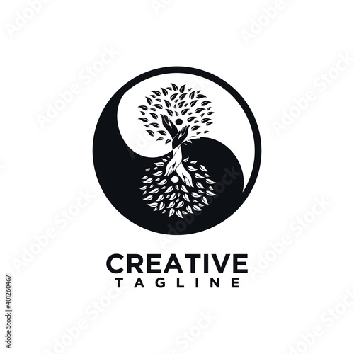 Yin yang symbol with leaf , design vector template