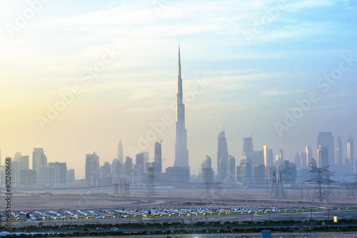 Dubai, United Arab Emirates, April 20, 2016: Downtown Dubai cityscape panoramic view from the Meydan bridge at night