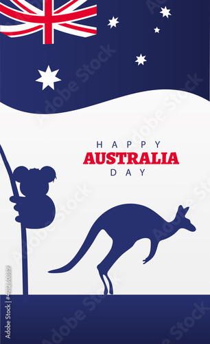 happy australia day lettering with flag and kangaroo and koala