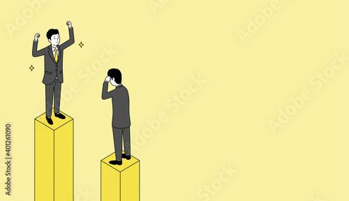 グラフの上で喜ぶビジネスマンと頭を抱えるビジネスマン、黄色とグレーのイラスト、ベクター