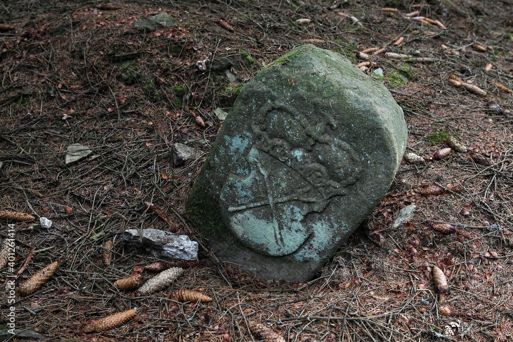 Einer der vielen alten Grenzsteine im Thüringer Wald mit Wappen Eine
