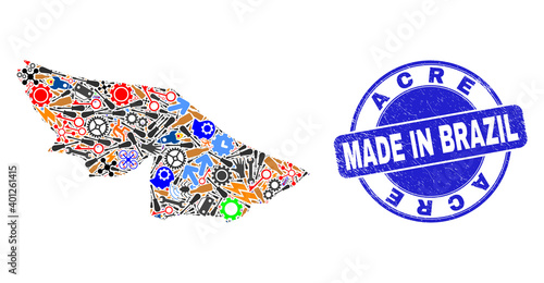 Engineering Acre State map mosaic and MADE IN grunge rubber stamp. Acre State map composition composed with spanners,wheels,screwdrivers,,keys,vehicles,power sparks,details.