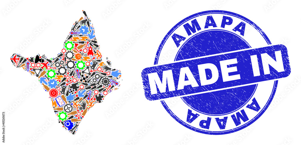 Service Amapa state map mosaic and MADE IN grunge rubber stamp. Amapa state map composition designed with spanners,wheel,instruments,components,transports,power strikes,details. Service Amapa state map mosaic and MADE IN grunge rubber stamp. Amapa state map composition designed with spanners,wheel,instruments,components,transports,power strikes,details.