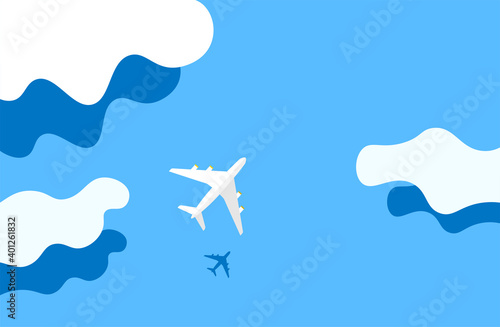 Plane flies over water among clouds, casting shadow, simple vector illustration.