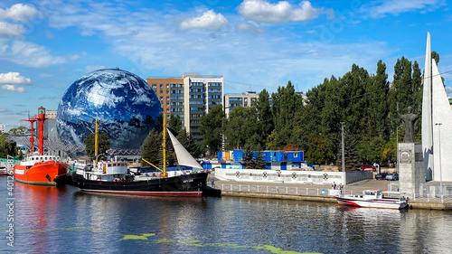 KALININGRAD, RUSSIA. The Pregolya River with an exposition of the Museum of the World Ocean on the shore photo